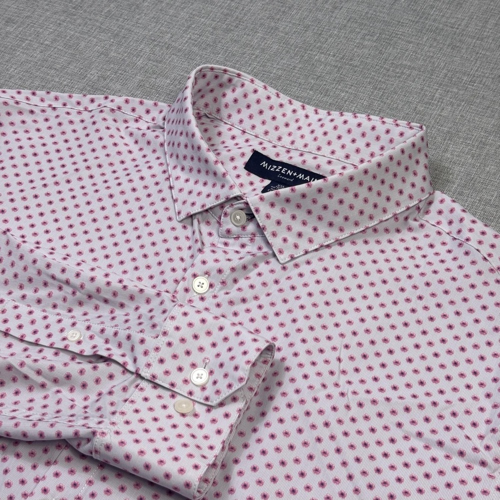 Mizzen+Main Dress Shirt Mens 2XL Pink Floral Point Collar Long Sleeve Slim
